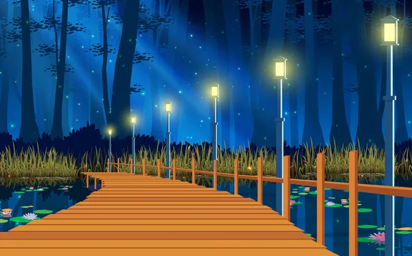 夜の川にかかる木製の橋の風景 — ストックベクタ