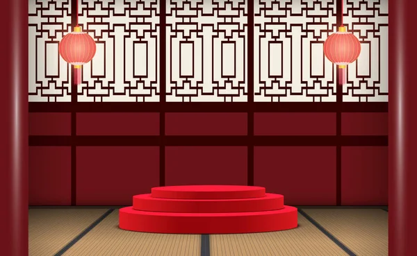 Podium Rouge Avec Lanterne Chinoise Nouvel Chinois — Image vectorielle