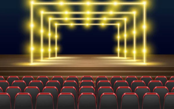 舞台上的金色霓虹灯 大厅里的红色椅子 — 图库矢量图片