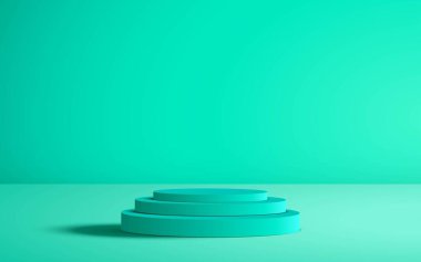 Stüdyo odasında güneş ışığı olan yeşil podyum