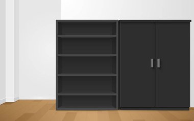  Siyah vitrin ve dolap odada.