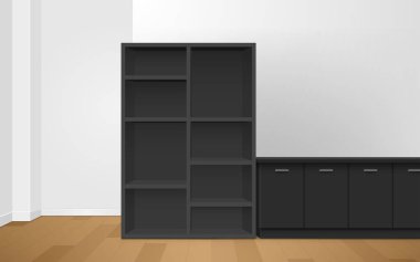 Siyah vitrin ve dolap odada.