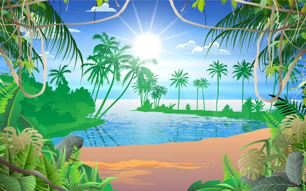 Landscape Jungle Beach Island Daytime — Stock Vector