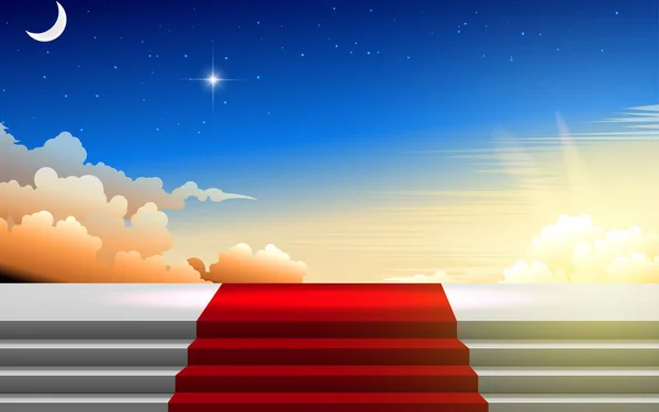 Красный Ковер Белой Сцене Восходом Солнца Утреннем Фоне — стоковый вектор