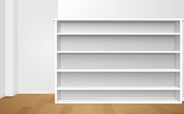 Beyaz vitrin ve dolap odada.