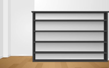 Siyah vitrin ve dolap odada.