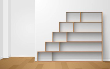  Beyaz odada ahşap raf ve ahşap vitrin.