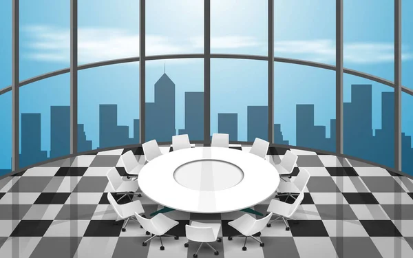 Mesa Conferência Redonda Branca Cadeiras Sala Reuniões Edifício Alto — Vetor de Stock