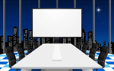 Beyaz konferans masası ve yüksek binadaki toplantı odasında sandalyeler.