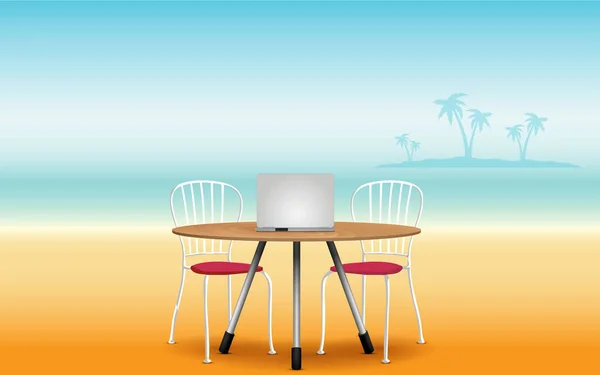 Labtop Στο Ξύλινο Τραπέζι Και Καρέκλα Στην Παραλία — Διανυσματικό Αρχείο