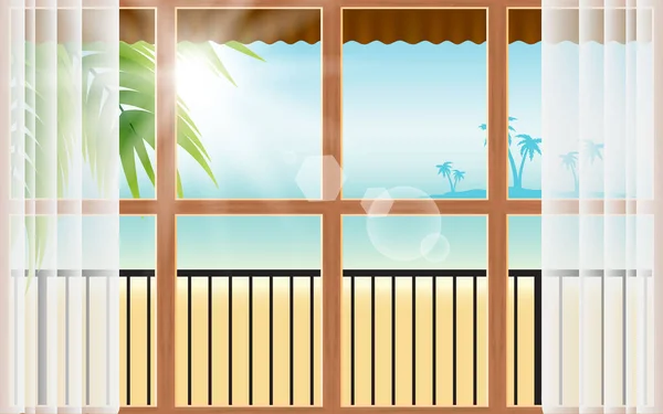 夏にはビーチのバンガローの窓で日光を浴び — ストックベクタ