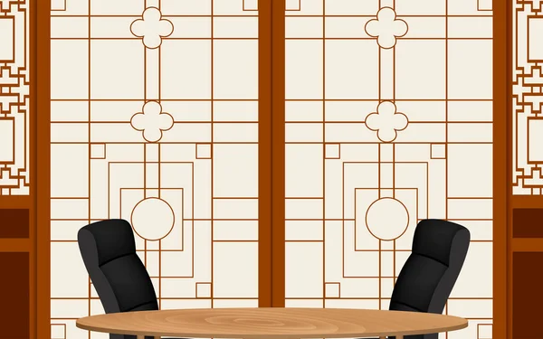 Mesa Madera Sillas Con Fondo Pared Chino Sala Estudio Noticias — Vector de stock