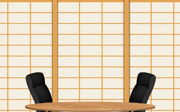 Ξύλινο Τραπέζι Και Καρέκλες Φόντο Japan Τοίχο Στην Αίθουσα Ειδήσεων — Διανυσματικό Αρχείο