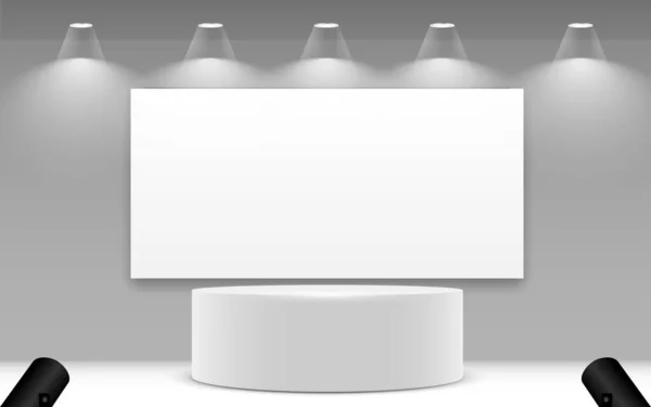 Λευκό Βάθρο Και Λευκό Φόντο Διαφημιστική Πινακίδα Στην Αίθουσα Στούντιο — Διανυσματικό Αρχείο