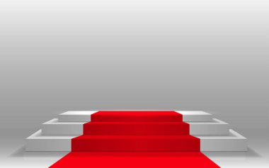 Beyaz podyum ve kırmızı halı. Spot ışıkları beyaz odada.