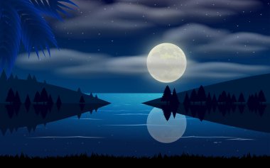 Ay gecesindeki göl manzarası.