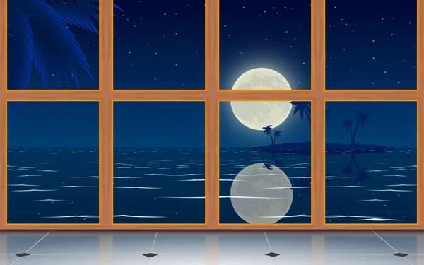 満月の夜のビーチの風景 — ストックベクタ