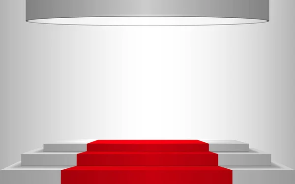 Pódio Branco Tapete Vermelho Com Holofotes Sala Branca — Vetor de Stock
