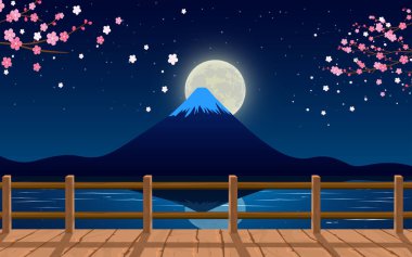 Gecenin karanlığında Fuji Dağı 'nın manzarası