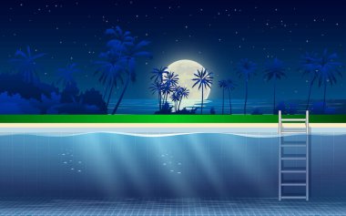 Geceleri kumsalda yüzme havuzu manzarası