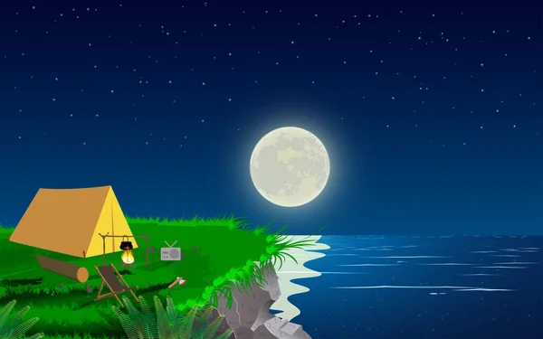 Tienda Campaña Acantilado Noche Luna Llena — Vector de stock