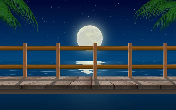 Landschaft Aus Holzbrücke Strand Der Mondnacht — Stockvektor