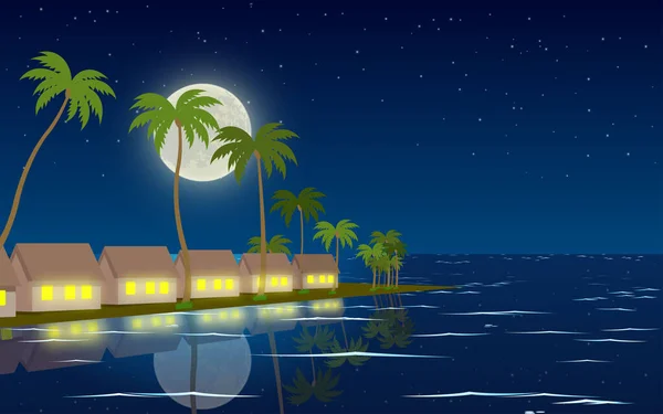 Landscape Bungaloes Beach Night — Stock Vector