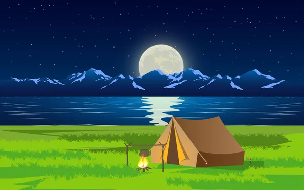 Namiot Obozowy Nad Rzeką Nocy — Wektor stockowy