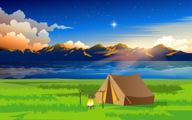 Nehirde kamp çadırı sabah güneşli.