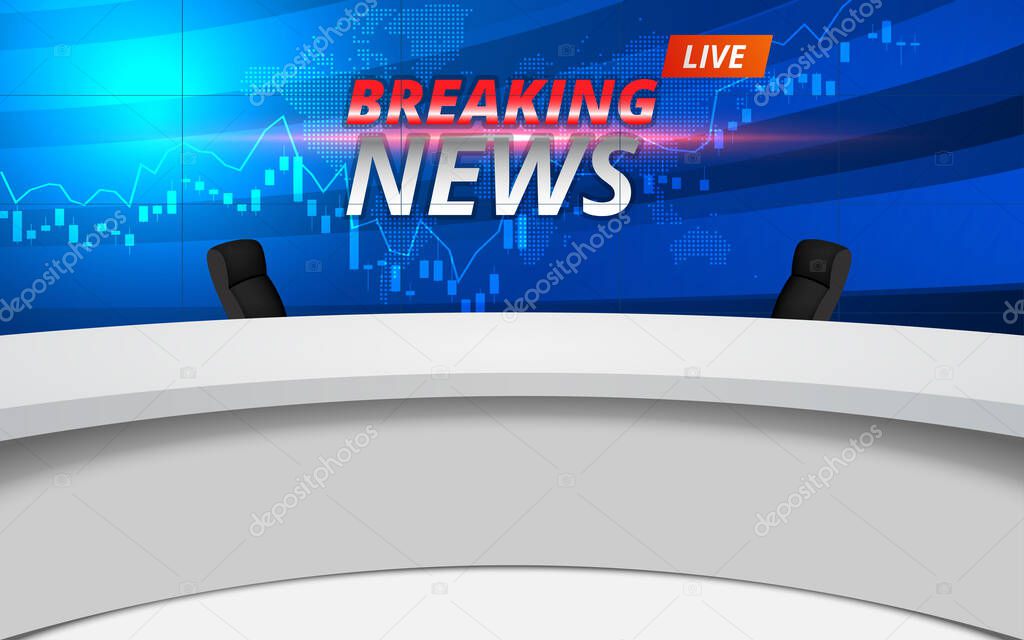 white table and chairs with breaking news live on lcds background in the news studio room