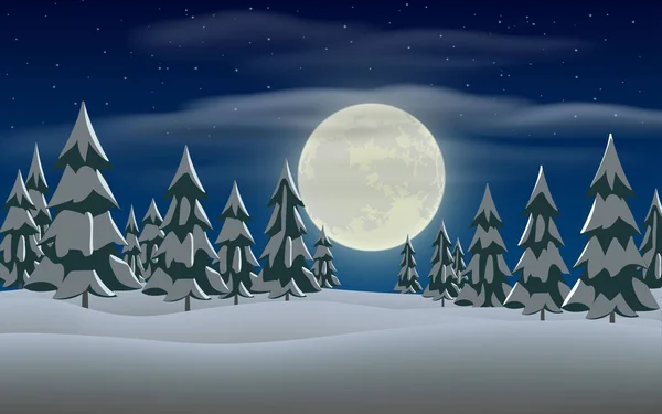 Paisaje Bosque Nieve Invierno Por Noche — Vector de stock