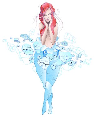 İnce bir kız şişman bir kadının buz heykelinden çıkar. Kilo kaybı, fitness, sağlıklı yaşam tarzı, yağ aldırma ameliyatı konsepti. Vektör illüstrasyonu suluboya olarak biçimlendirilmiştir.