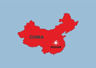 Çin haritası kırmızı Wuhan şehri mavi arkaplan