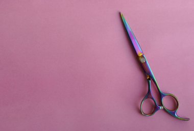 Parlak pembe arka planda saç kesmek için makas