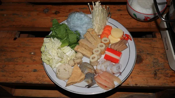 Suki Vegetable Noodle Korea Food Plate Wooden Table Photographed Hard — Stock Photo, Image