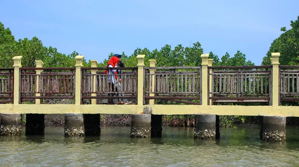 Toeristen bij een bezoek aan mangrove parken op Pekalongan strand — Stockfoto