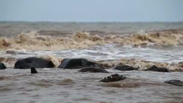 Heftige Wellen Strand Die Die Schwarzen Korallen Mit Selektivem Fokus — Stockvideo