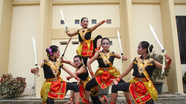 A group of dancers from the Putra Budaya Studio are practicing the Suwedang sword warrior dance, Batang Indonesia, January 23, 2020