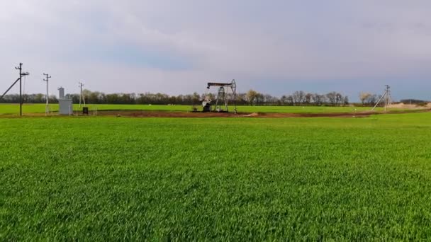 Bombas de óleo de trabalho contra o sol. Jack de bomba de óleo. campo petrolífero de balanço — Vídeo de Stock