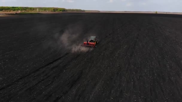 Grüner Traktor auf dem Feld sät Mais, Luftbild — Stockvideo