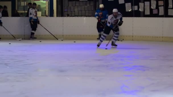 Hockey Players Skates Bit Left Right Also Plays Puck Pushes — Stock Video