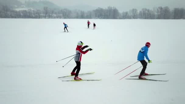 Frío Día Invierno Dos Personas Están Realmente Vestidas Están Teniendo — Vídeo de stock