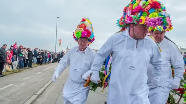 Faceci Śmiesznych Kapeluszach Kwiatów Biegają Świerkiem Kurtka Biegnie Nimi — Wideo stockowe