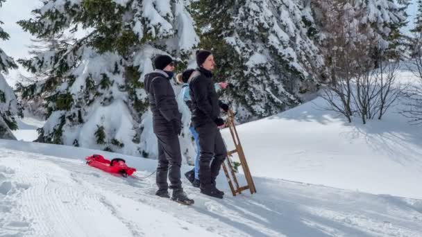 Tres Personas Están Observando Algo Naturaleza Están Pie Sobre Nieve — Vídeo de stock