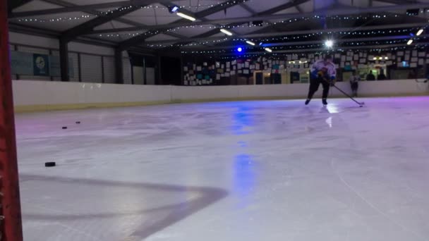 Swatting Puck Goal Only Two Players Practising Ice Rink — Stock Video