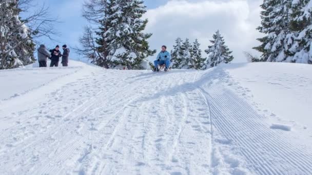 一个年轻的女人从山上滑下来 突然因为大雪而停住了雪橇 — 图库视频影像