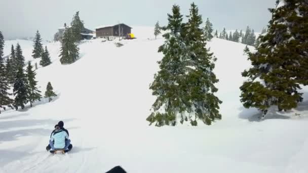 Troje Ludzi Dobrze Się Bawi Zjeżdżając Wzgórza Ładny Zimowy Dzień — Wideo stockowe