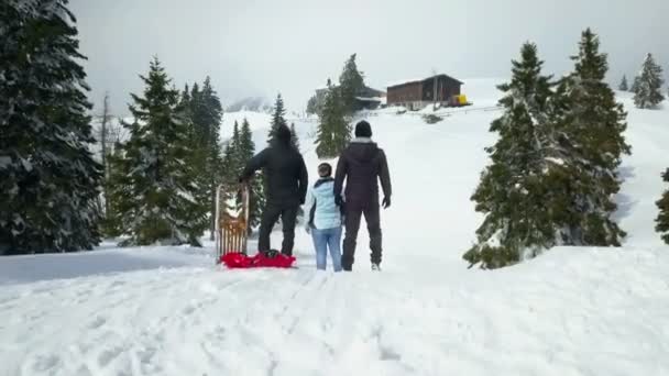 Tre Personer Står Kullen Och Observerar Naturen Det Vinter Och — Stockvideo