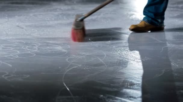 Someone Cleaning Snow Ice Ice Rink Holding Broom — Stock Video