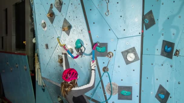 Young Woman Who Practising Climbing Gym Hitting Ice Cam Hook — Stock Video